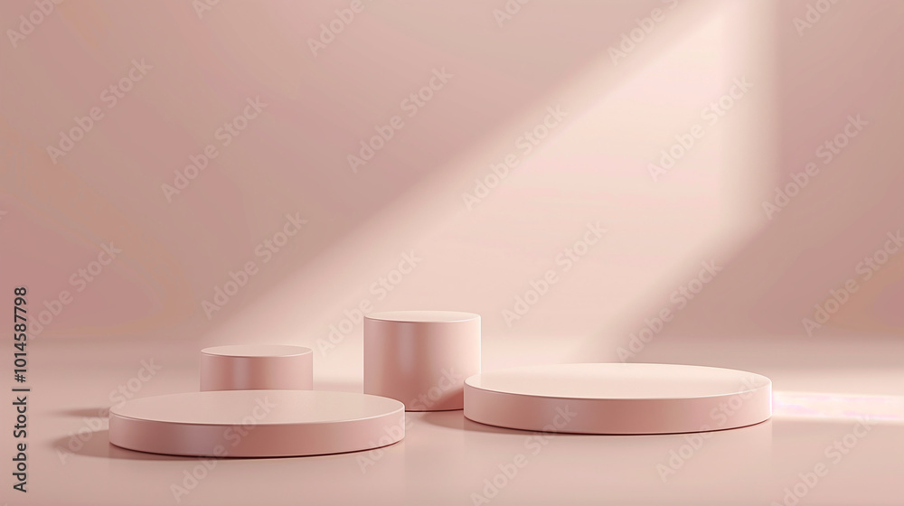 A minimalistic background with an array of small, round podiums in shades of pink and brown, arranged to create the illusion that they float above a soft peach-colored surface. A minimalistic background with an array of small, round podiums in shades of pink and brown, arranged to create the illusion that they float above a soft peach-colored surface.