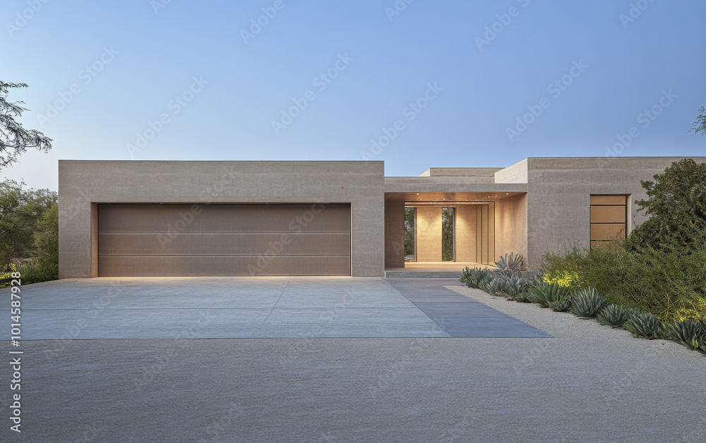 Fototapeta premium Modern architectural masterpiece in a serene desert setting at dusk
