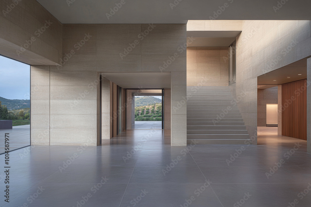 Fototapeta premium Modern architectural interior with open spaces and a view of the landscape in daylight