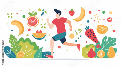 Flat vector illustration of a man running with healthy lifestyle icons such as gym, fruits and vegetables around him on a white background