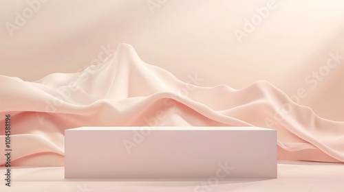 Minimalist stage design with an empty white box and beige paper background, featuring a large mountain of light-colored textured fabric as the main element. 