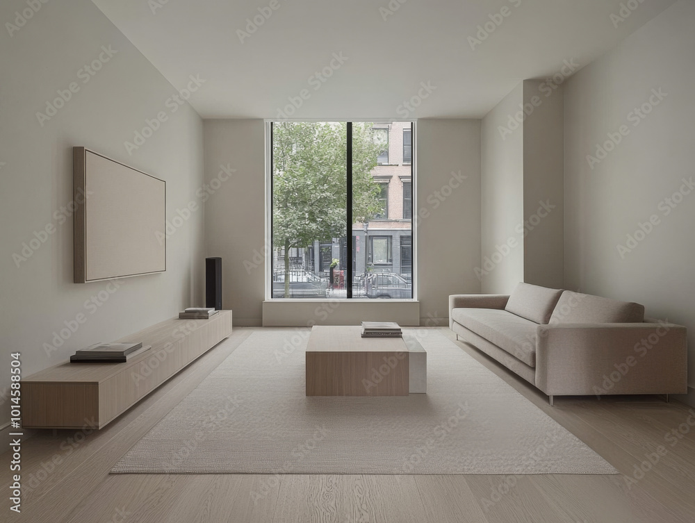 Fototapeta premium Contemporary minimalist living room with large windows and neutral colors in an urban setting