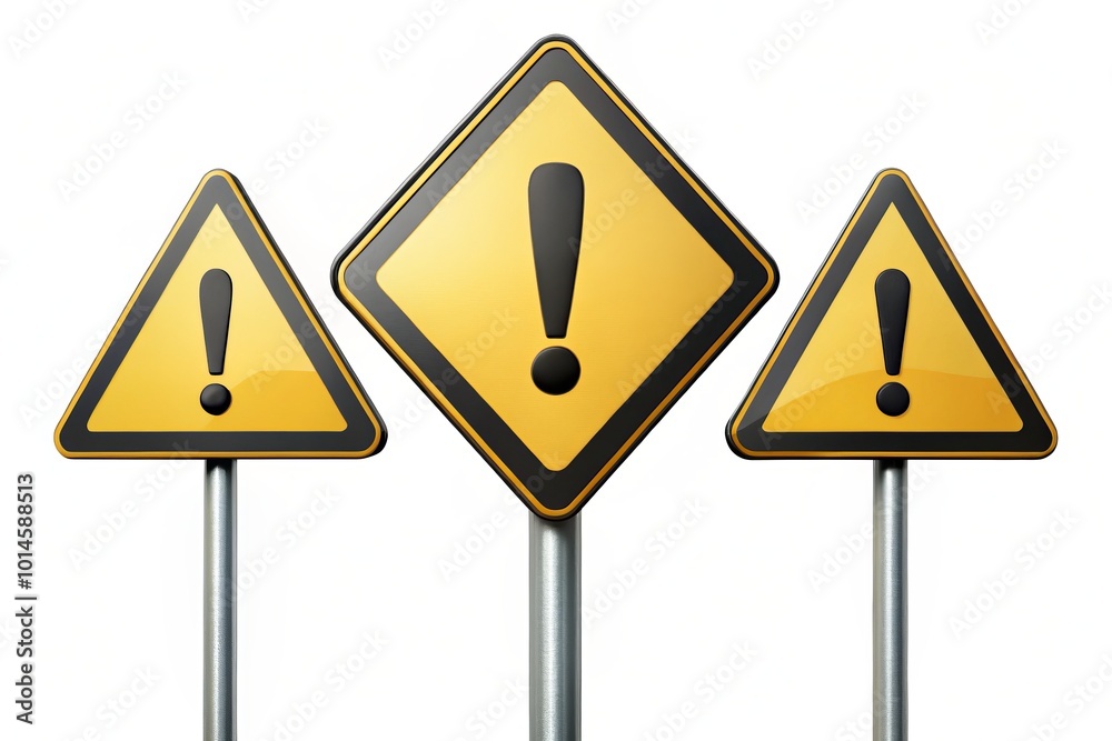 These black road signs, adorned with exclamation points, serve as caution alerts. They are vector symbols designed to These black road signs, adorned with exclamation points, serve as caution alerts. They are vector symbols designed to