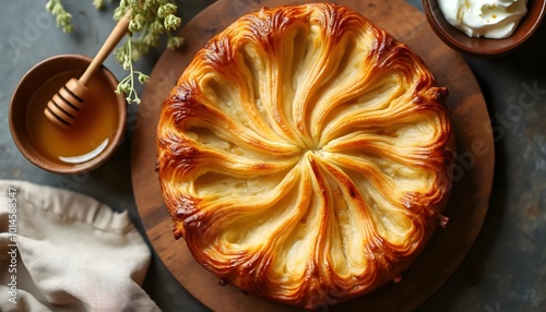 Traditional Feteer Meshaltet with Honey and Cream Dip (Egyptian Cuisine) photo