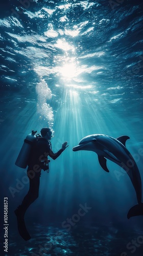 A diver interacts with a dolphin in vibrant underwater scenery, showcasing the beauty of marine life and exploration. photo