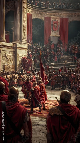 Wallpaper Mural A dramatic scene depicting a grand Roman assembly with soldiers and citizens gathered in a magnificent arena, embodying ancient history. Torontodigital.ca