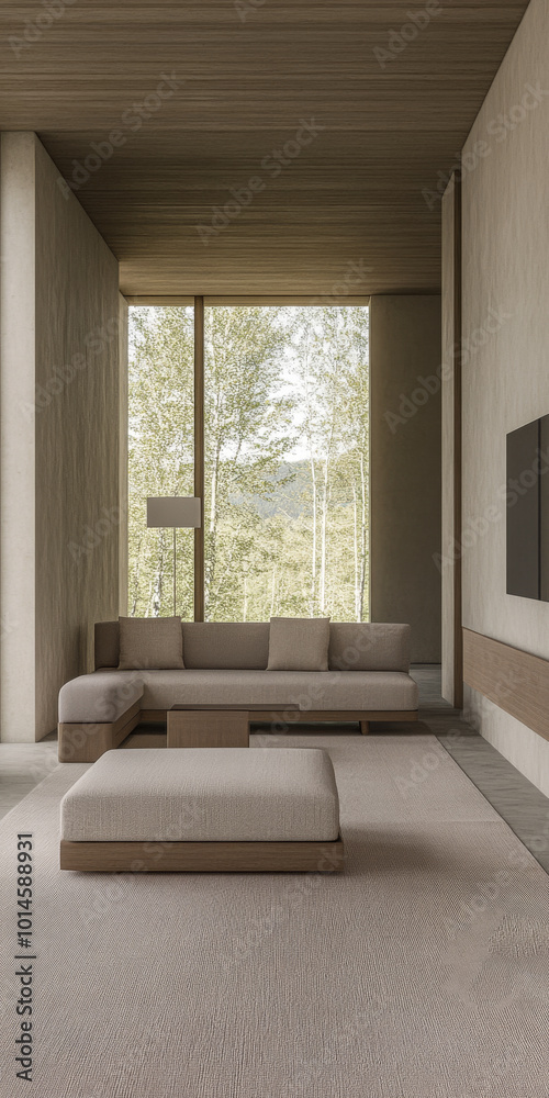 Modern minimalist living room with large windows showcasing forest and mountain views Modern minimalist living room with large windows showcasing forest and mountain views