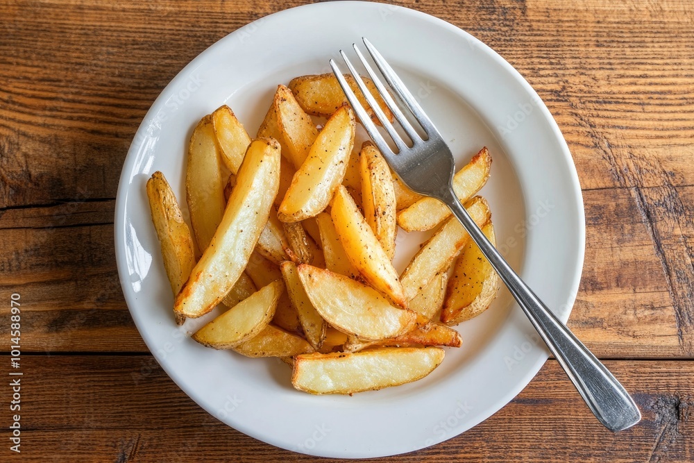 Pieces of fried potato in white plate and fork on wooden table - generative ai Pieces of fried potato in white plate and fork on wooden table - generative ai