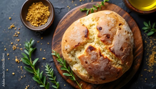 Traditional Egyptian Aish Baladi Bread on a Wooden Board with Olive Oil (Egyptian Cuisine) photo