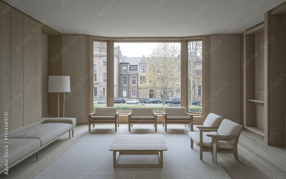 Modern minimalist living room with large windows overlooking urban streets in daylight Modern minimalist living room with large windows overlooking urban streets in daylight