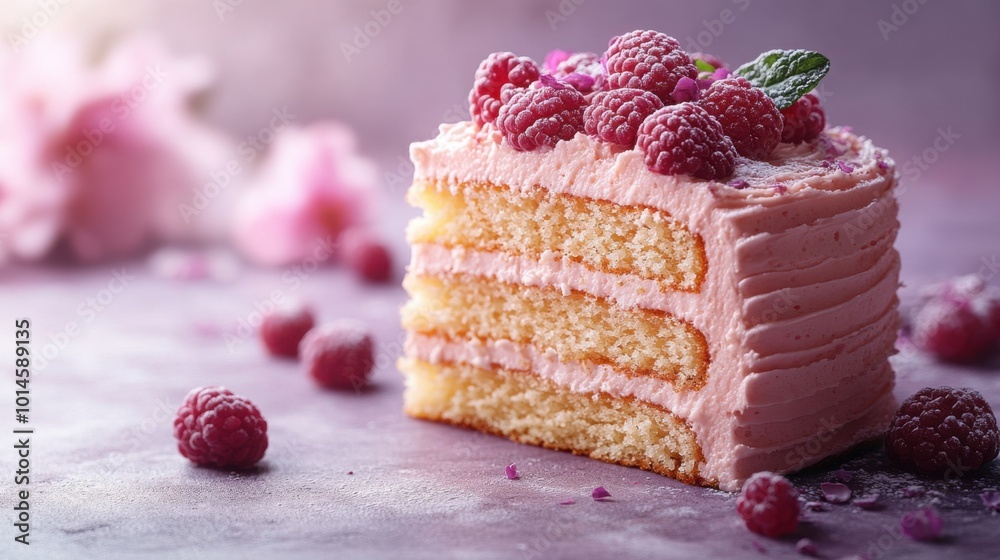 Delicious Single Slice of Cake on Light Purple Gradient Background for Dessert Promotions Delicious Single Slice of Cake on Light Purple Gradient Background for Dessert Promotions