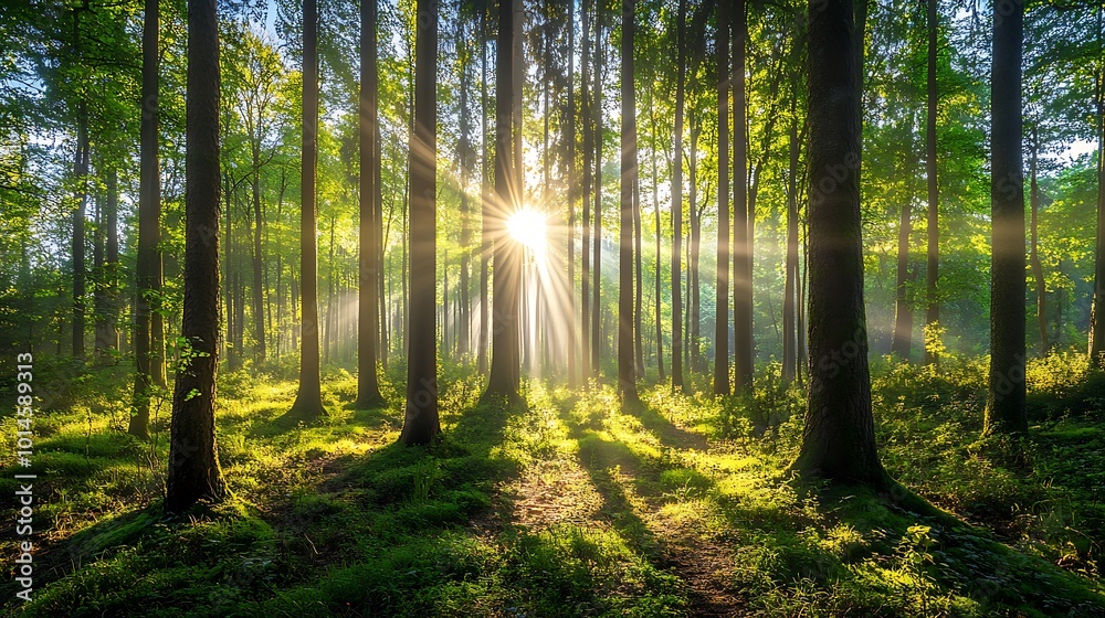 Sun rays illuminating a dense forest with green trees and foliage. Sun rays illuminating a dense forest with green trees and foliage.