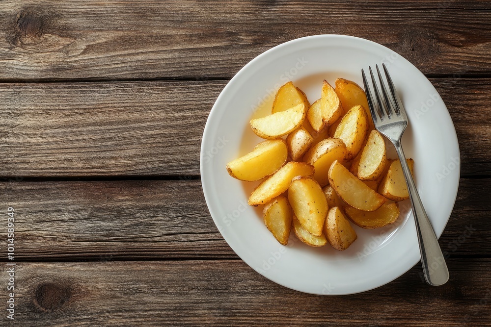 Pieces of fried potato in white plate and fork on wooden table - generative ai Pieces of fried potato in white plate and fork on wooden table - generative ai
