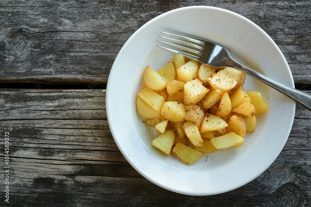 Pieces of fried potato in white plate and fork on wooden table - generative ai Pieces of fried potato in white plate and fork on wooden table - generative ai