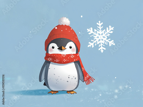 A pale blue background with a small penguin wearing a red scarf, sitting in the bottom left corner next to a snowflake. photo