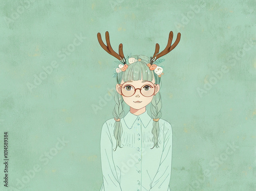 A pale mint green background with girl wearing reindeer antlers in the lower right corner. photo