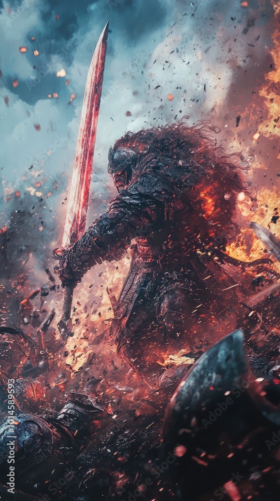 A fierce warrior brandishing a glowing sword amidst fire and chaos ...
