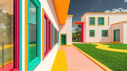 Avant-garde house with peridot window frames, a ruby terrace, and ivory walls The path is peach, leading to a teal door, with a lemon lawn under a charcoal sky