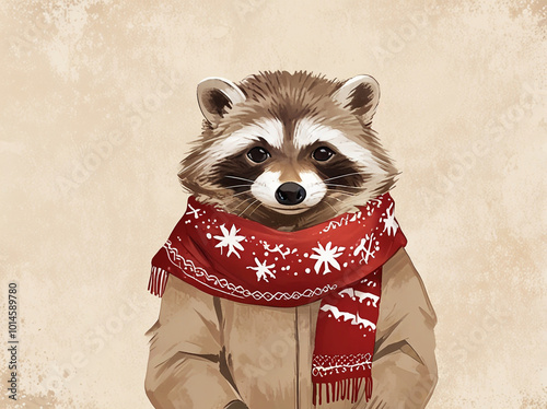 A warm beige background with a small raccoon wearing a Christmas scarf in the bottom right corner. photo