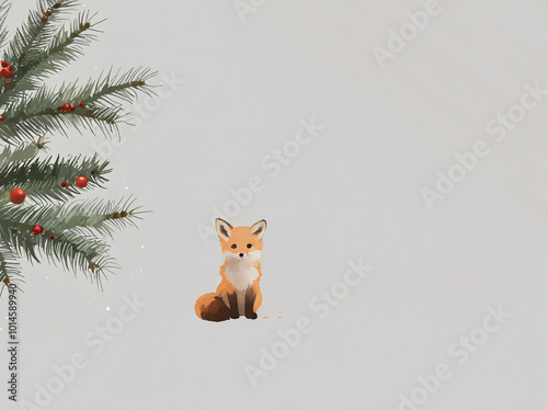 A light grey background with a tiny fox sitting beside a Christmas tree in the bottom right corner. photo