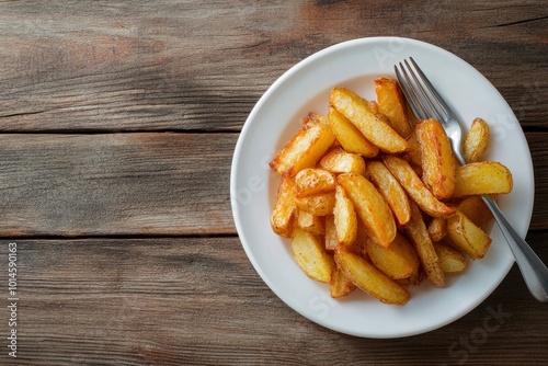 Pieces of fried potato in white plate and fork on wooden table - generative ai