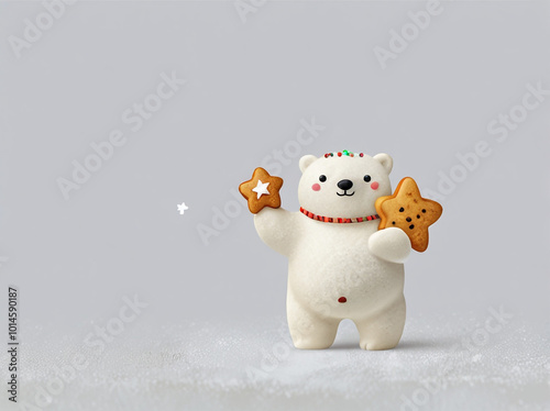 A light grey background with a tiny polar bear holding a star-shaped cookie in the upper right corner. photo