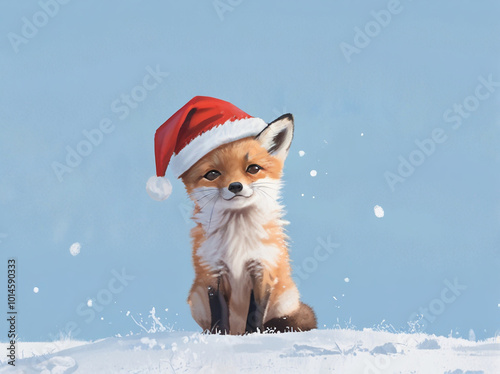 A light blue background featuring a tiny fox wearing a Santa hat playing in the snow in the lower left corner photo