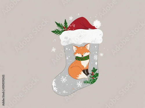 A light grey background with a tiny fox curled up in a Christmas stocking in the upper right corner. photo