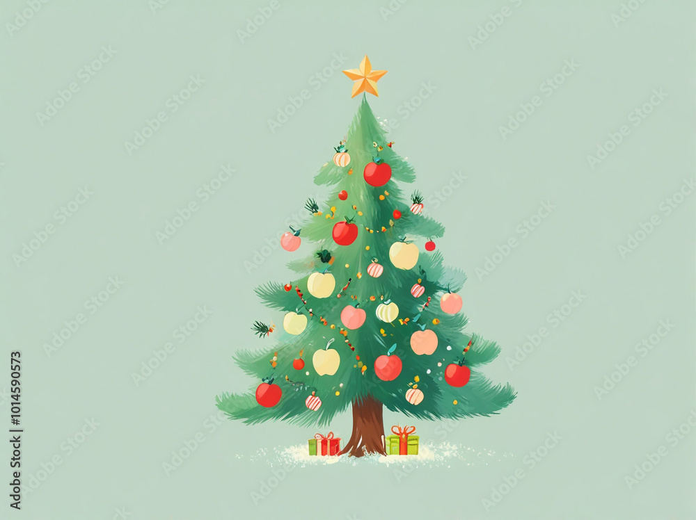 A soft pastel green background featuring a Christmas tree adorned with colorful apples in the bottom right corner A soft pastel green background featuring a Christmas tree adorned with colorful apples in the bottom right corner