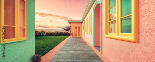 Avant-garde residence with lemon window frames, a coral terrace, and pistachio walls The path is taupe, leading to a quartz door, with a slate lawn under a rose sky