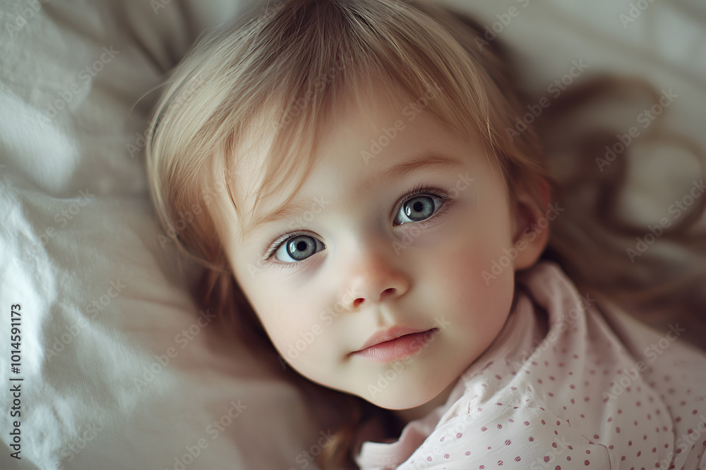 Cute adorable caucasian blond little girl lying in bed on white pillow Cute adorable caucasian blond little girl lying in bed on white pillow