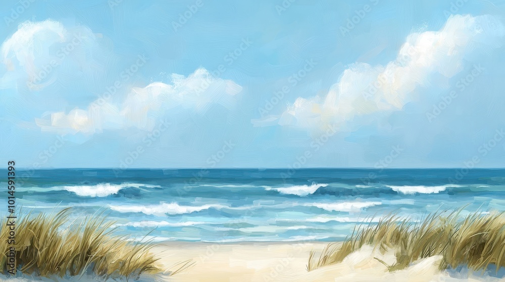 Serene beach landscape with gentle waves, soft sand, and lush dune grass under a clear blue sky. Serene beach landscape with gentle waves, soft sand, and lush dune grass under a clear blue sky.