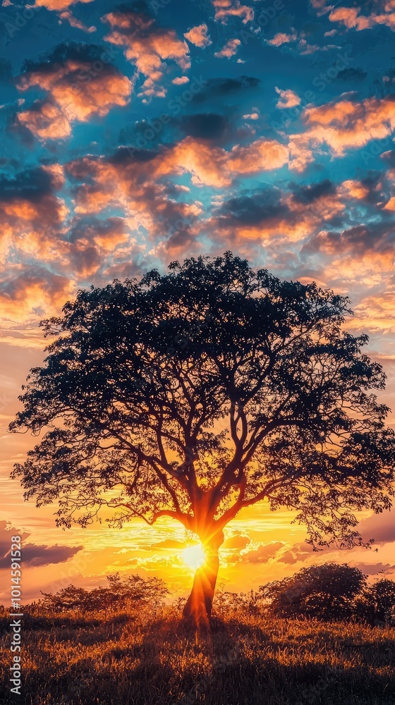 A majestic tree silhouetted against a vibrant sunset, showcasing a stunning blend of colors in the sky above. A majestic tree silhouetted against a vibrant sunset, showcasing a stunning blend of colors in the sky above.