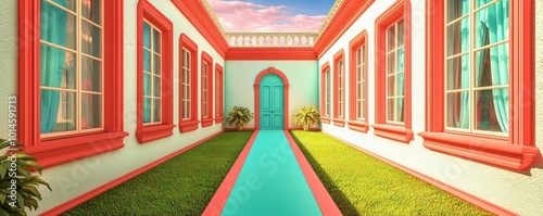 Avant-garde retreat with coral window frames, a turquoise terrace, and ivory walls The path is garnet, leading to a jade door, with a periwinkle lawn under a blush sky