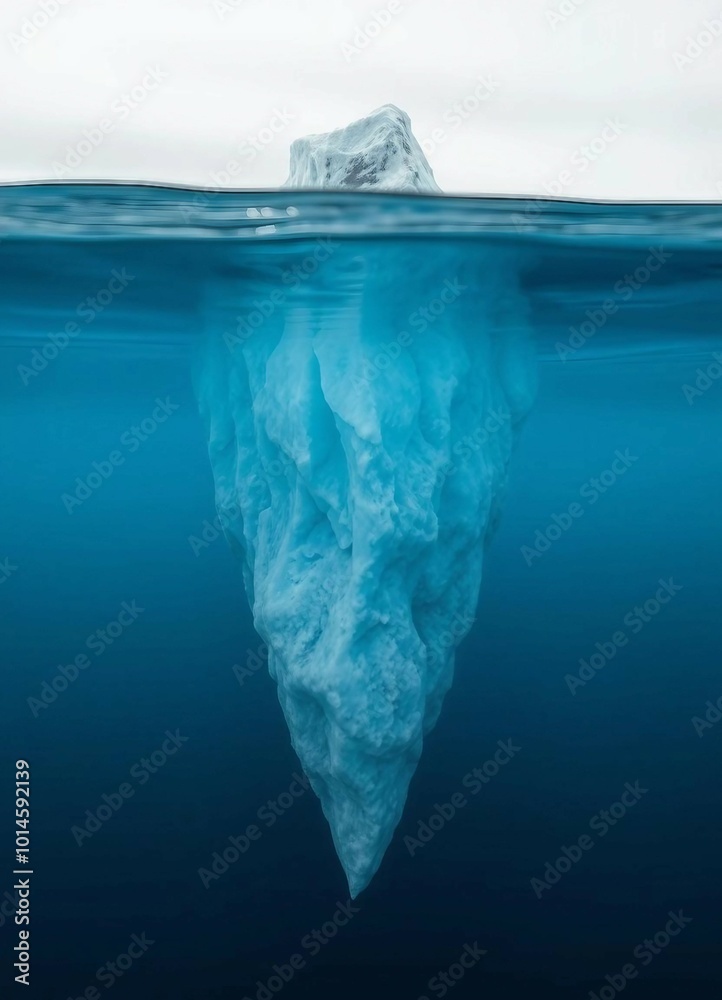 Fototapeta premium An iceberg with a small visible portion above water and a massive section submerged, representing personal development.