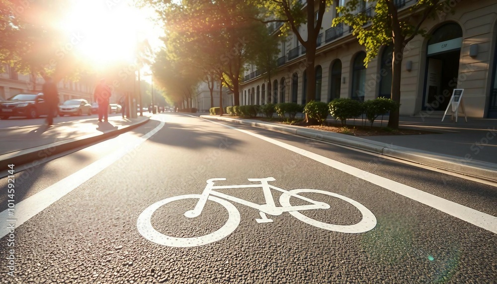 Bicycle symbol on an asphalt bike lane in the city center. Stock Photo ...