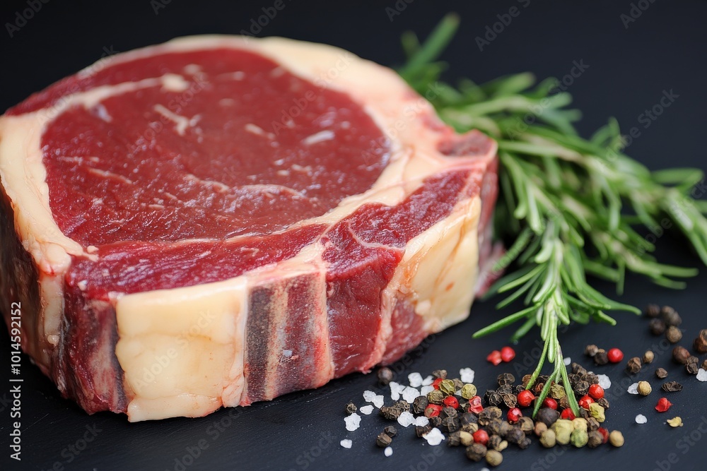Beef Rib Eye Steak. Raw Prime Angus Beef Meat in Red and White Background Beef Rib Eye Steak. Raw Prime Angus Beef Meat in Red and White Background