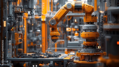 A robotic arm in an industrial factory is operating on the production line, creating a high-tech and futuristic atmosphere.