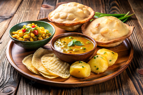 Classic Bengali combo of luchi (fried flatbread) and alur dom (potato curry) prepared and enjoyed during Durga Puja photo