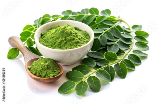 Moringa leaves with powder, on white background
