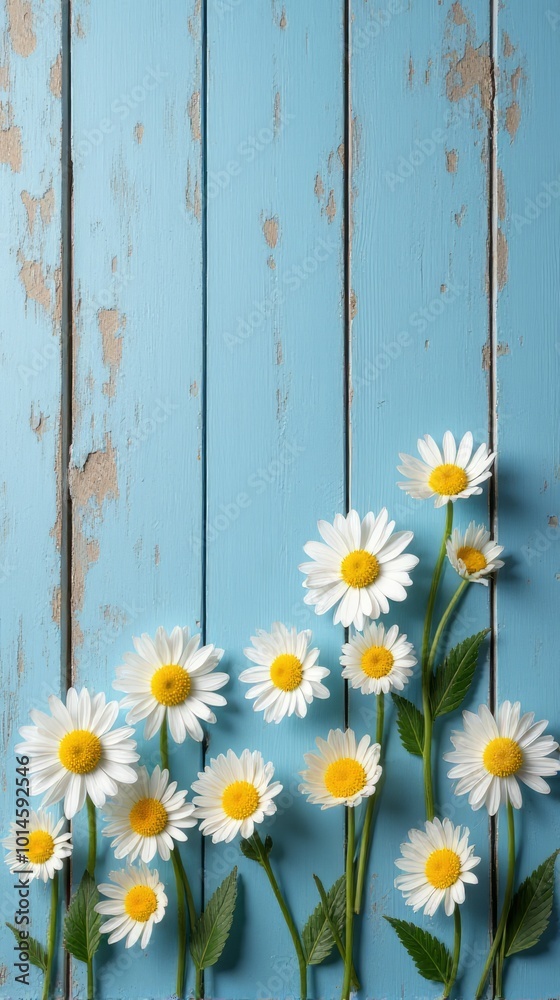 Fototapeta premium Collection of White and Yellow Daisies With Various Sizes Scattered Across a Rustic Blue Wooden Background
