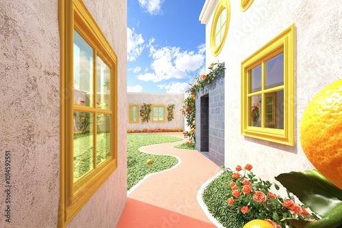 Avant-garde retreat with peridot window frames, a lemon terrace, and ivory walls The path is coral, leading to a slate door, with a rose lawn under a sky blue sky