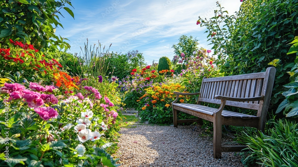 A peaceful garden scene with vibrant flowers and a wooden bench under a clear blue sky, perfect for relaxation and nature lovers. A peaceful garden scene with vibrant flowers and a wooden bench under a clear blue sky, perfect for relaxation and nature lovers.