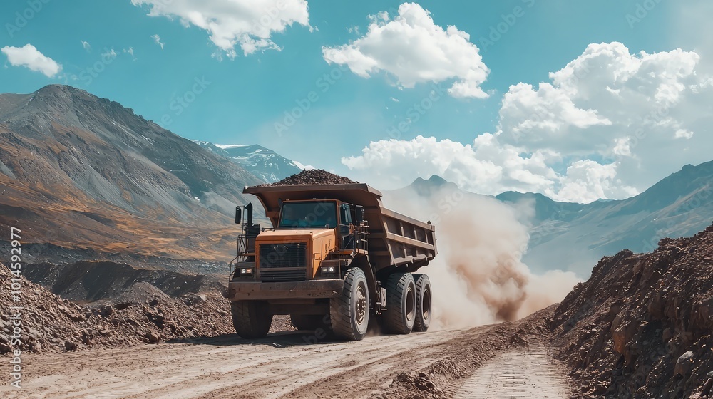 A powerful dump truck navigates a rugged landscape, transporting materials amidst dust and mountains under a bright blue sky.