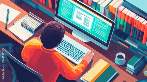 A focused student studies using digital textbooks on a computer, highlighting the shift to online education.