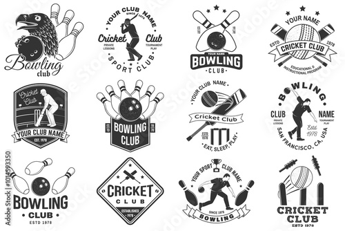 Set of cricket and bowling sports club logo, badge design. Templates for bowling and cricket sports club. Vector.