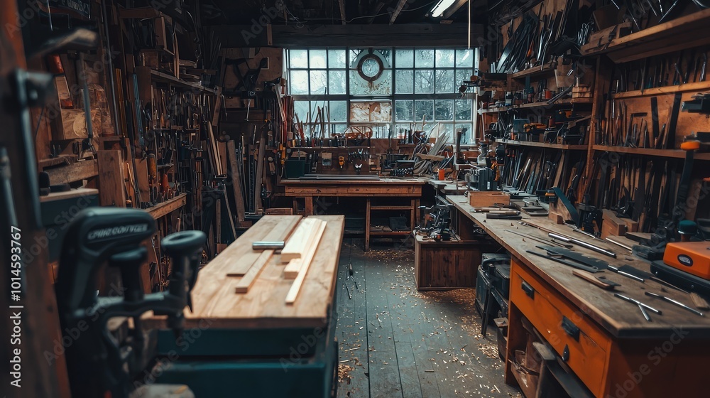 A rustic workshop filled with tools and wood, capturing the essence of craftsmanship and creativity in a warm, inviting environment. A rustic workshop filled with tools and wood, capturing the essence of craftsmanship and creativity in a warm, inviting environment.