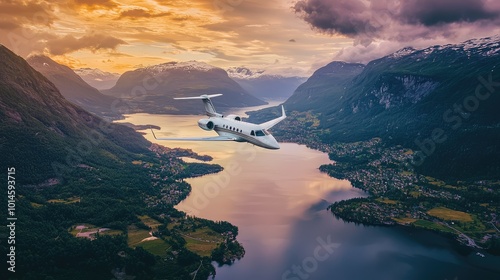 A scenic aerial view of a jet flying above a stunning fjord landscape during sunset, highlighting nature's beauty and aviation.