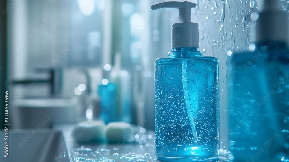 Blue Hand Sanitizer Bottle In Bathroom.