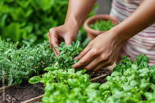 Nurturing New Growth: Hands gently tending to a vibrant herb garden, showcasing the beauty of homegrown basil, sage, and other aromatic plants.